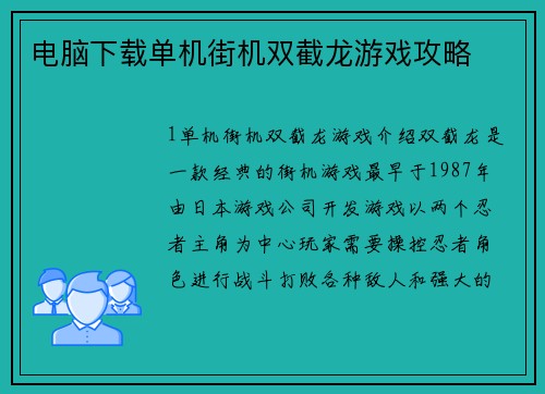 电脑下载单机街机双截龙游戏攻略 电脑下载单机街机双截龙游戏攻略