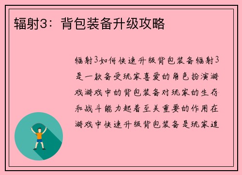 辐射3：背包装备升级攻略